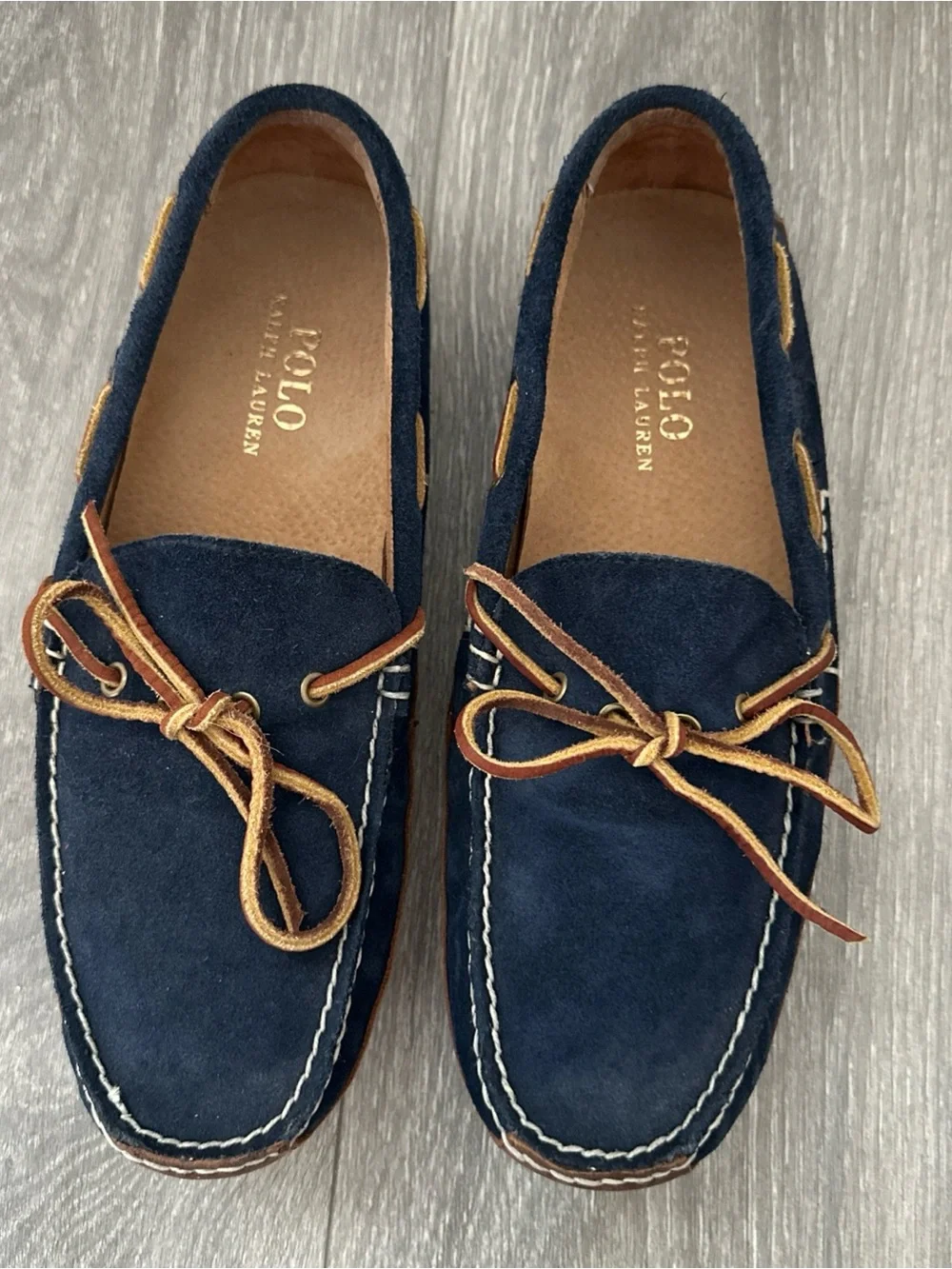 Polo by Ralph Lauren Navy Suede Moccasin Loafers with Brown Leather Laces sz 9D
